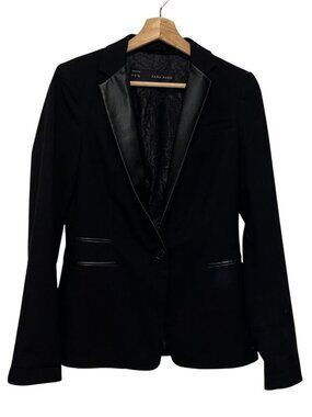 Zara Basic Black Single-Button Satin Lapels & Faux Leather Trim Women's Blazer S